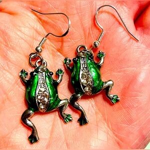 🐸 Frogs Green Silver & Crystals Pierced Earrings Aquarium Owner Great Gift!
